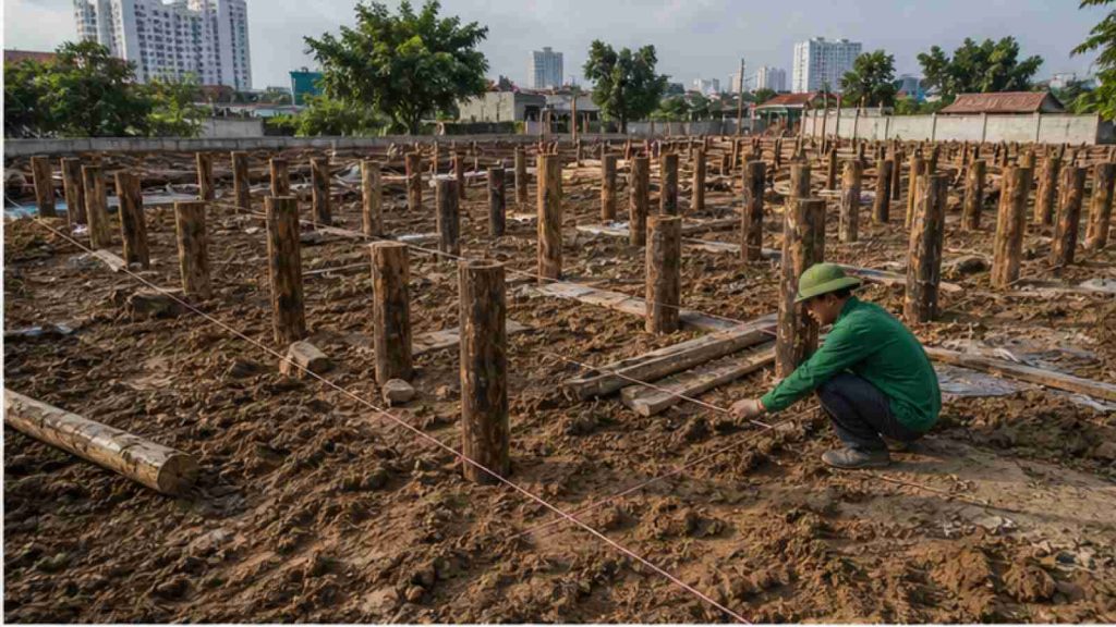 Ảnh phụ minh họa Cách tính số lượng cừ tràm, giá đóng cừ tràm và thời gian thi công trong bối cảnh công trình thực tế