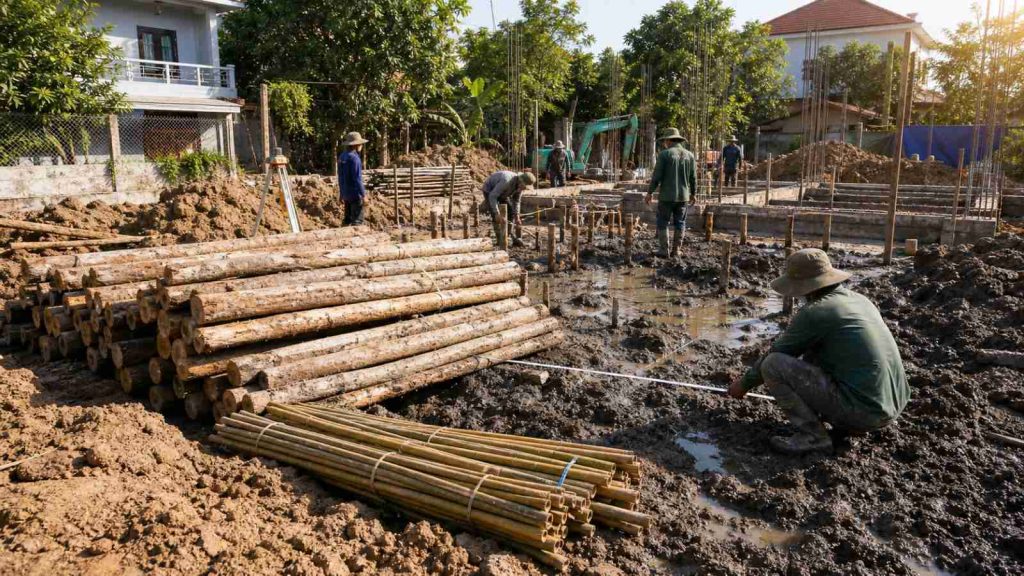 Công trình gia cố nền đất yếu với cọc gỗ và cọc tre trên nền bùn